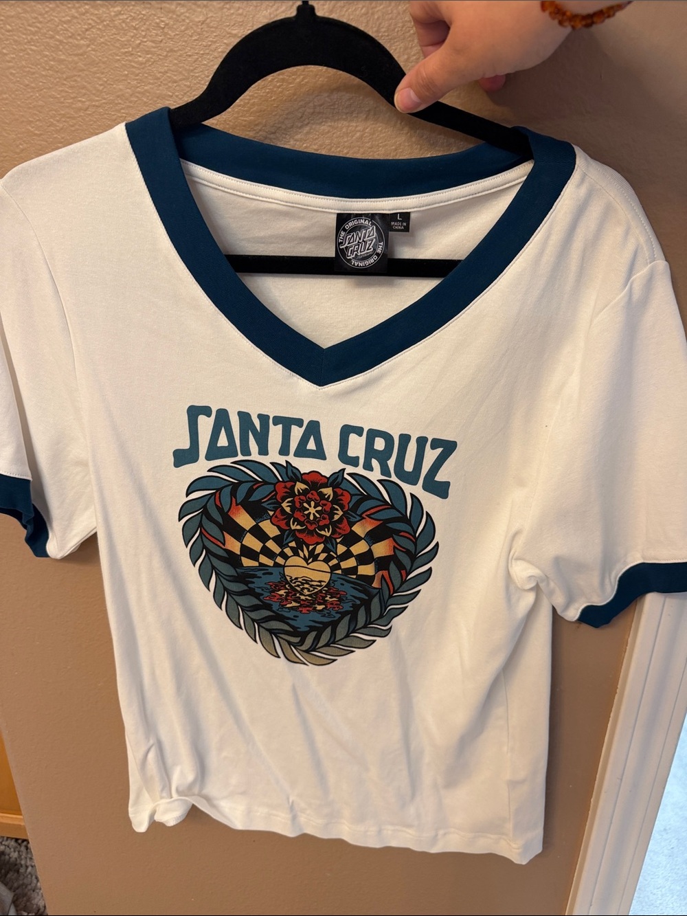 Santa Cruz Heart White V-Neck Tee with Teal Trim